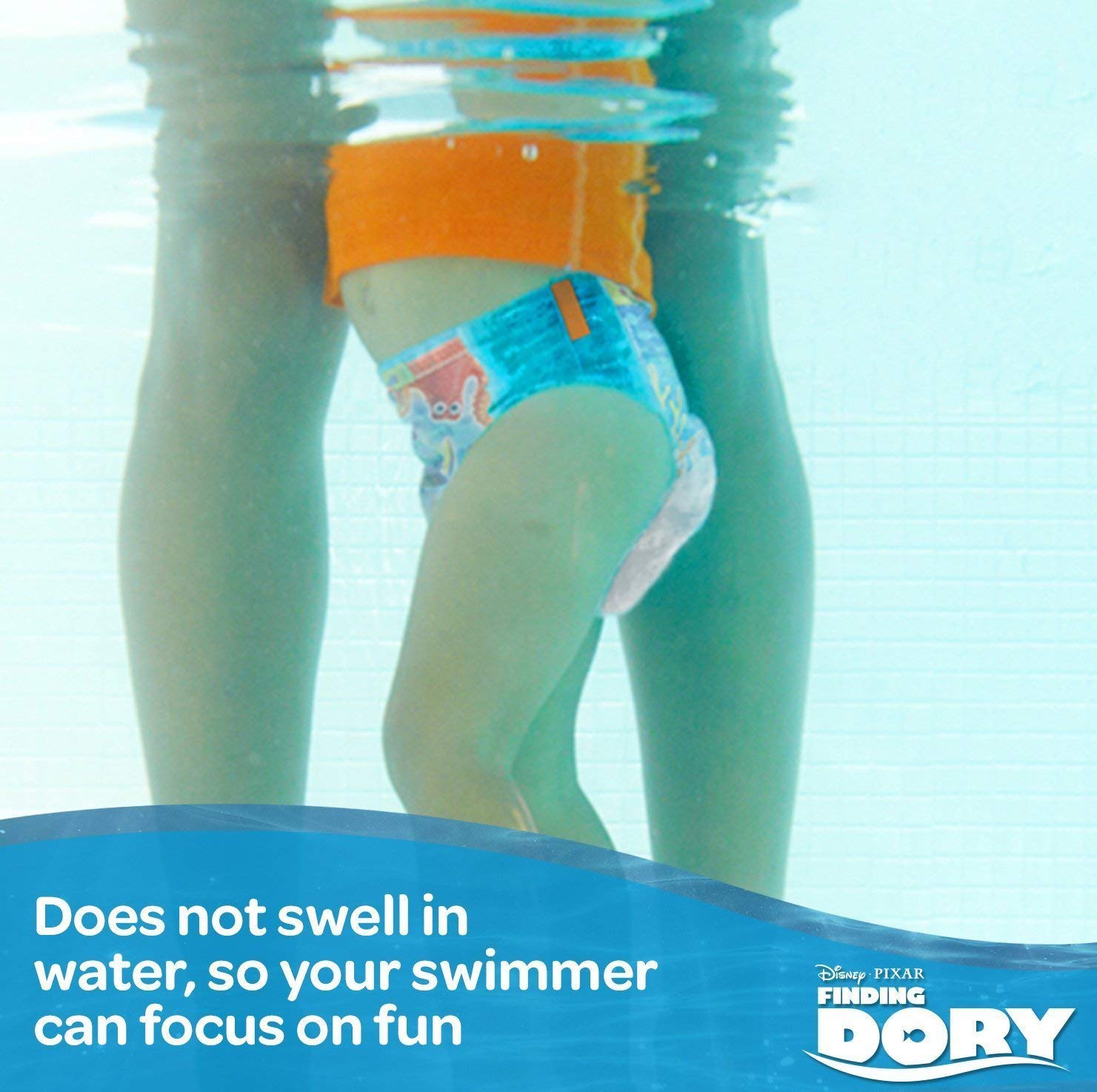 Huggies Little Swimmers small absorbent-core image emphasizes water-safe material that won’t swell.