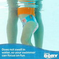 Huggies Little Swimmers small absorbent-core image emphasizes water-safe material that won’t swell.