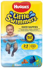 Huggies Little Swimmers XS swim diaper with leak guards ready for water adventures.