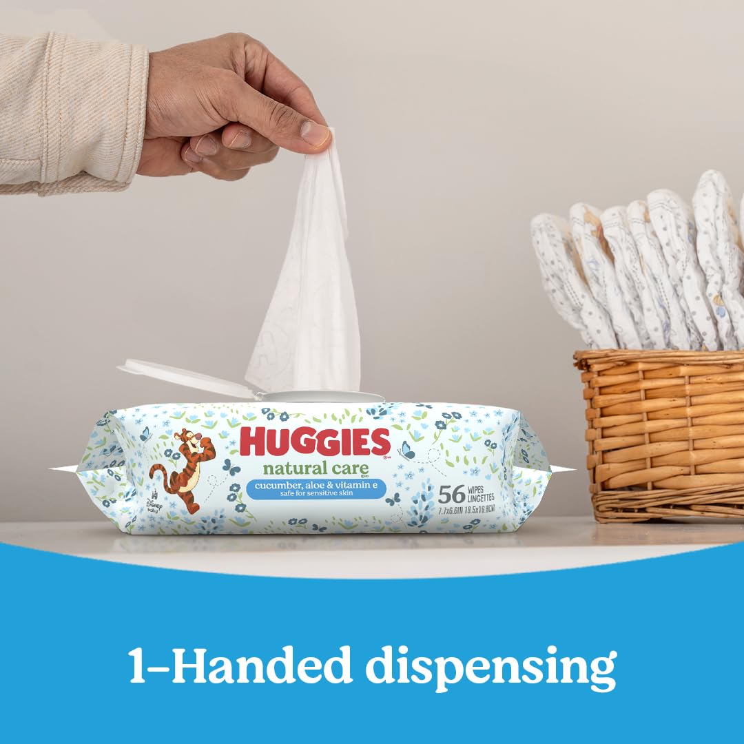 Huggies Natural Care wipes plant-based materials badge communicates 70%+ plant-based composition.