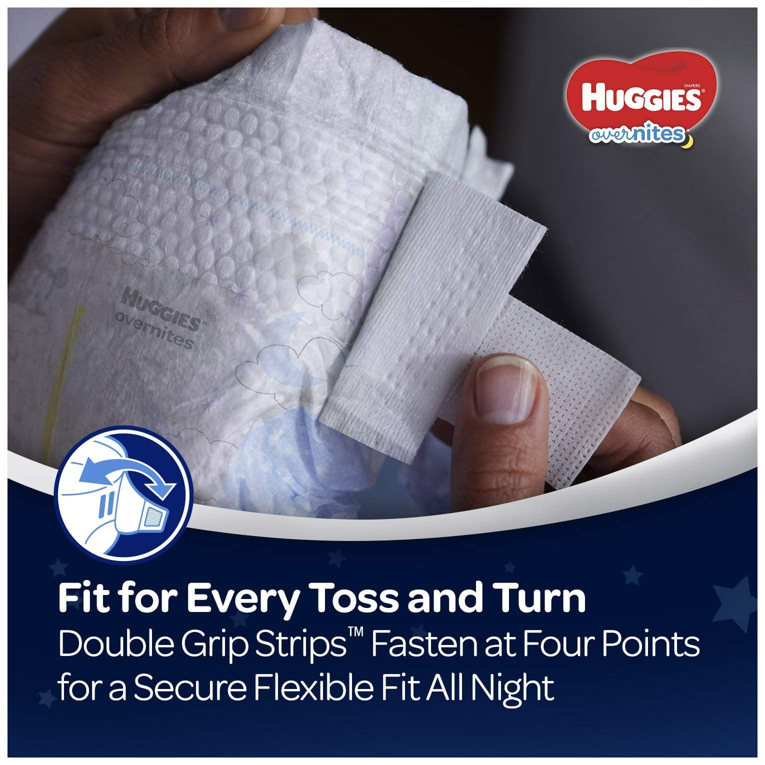 HUGGIES OverNites diaper on sleeping baby for dry overnight comfort.