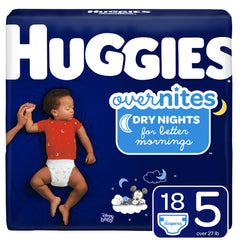 HUGGIES OverNites Size 5 front pack view for overnight protection.