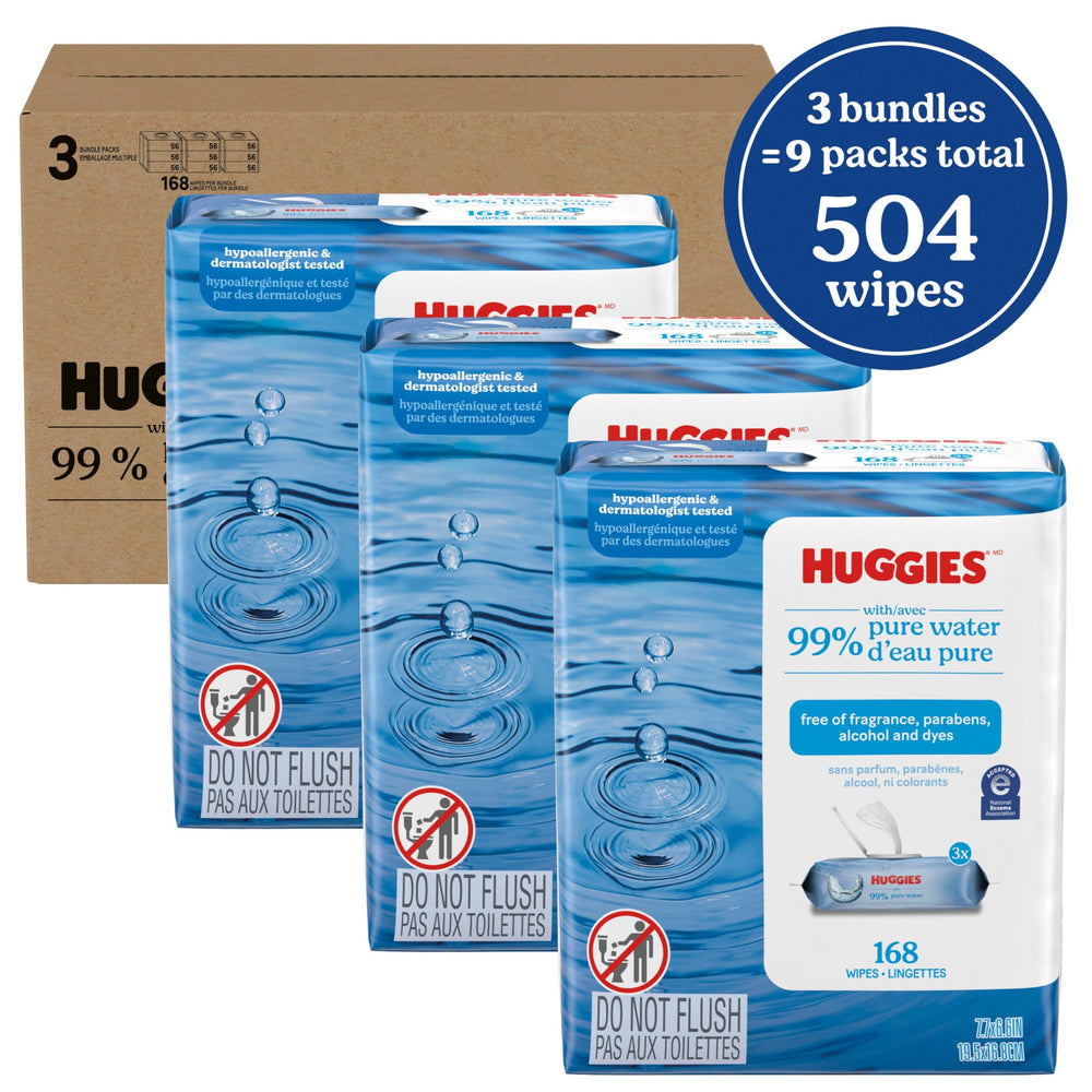 Huggies Pure Water Baby Wipes nine flip-top packs shown for quick, on-the-go cleaning