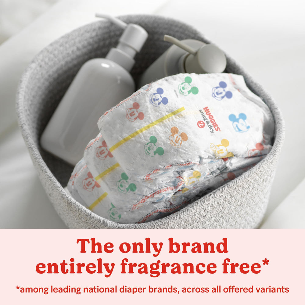 Huggies Snug & Dry newborn diapers are fragrance-free for sensitive skin comfort.