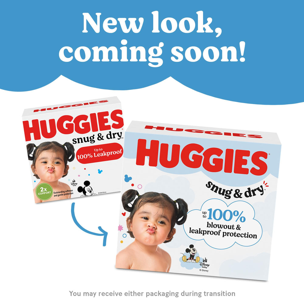 Huggies Snug & Dry newborn diapers with wetness indicator signaling change time.