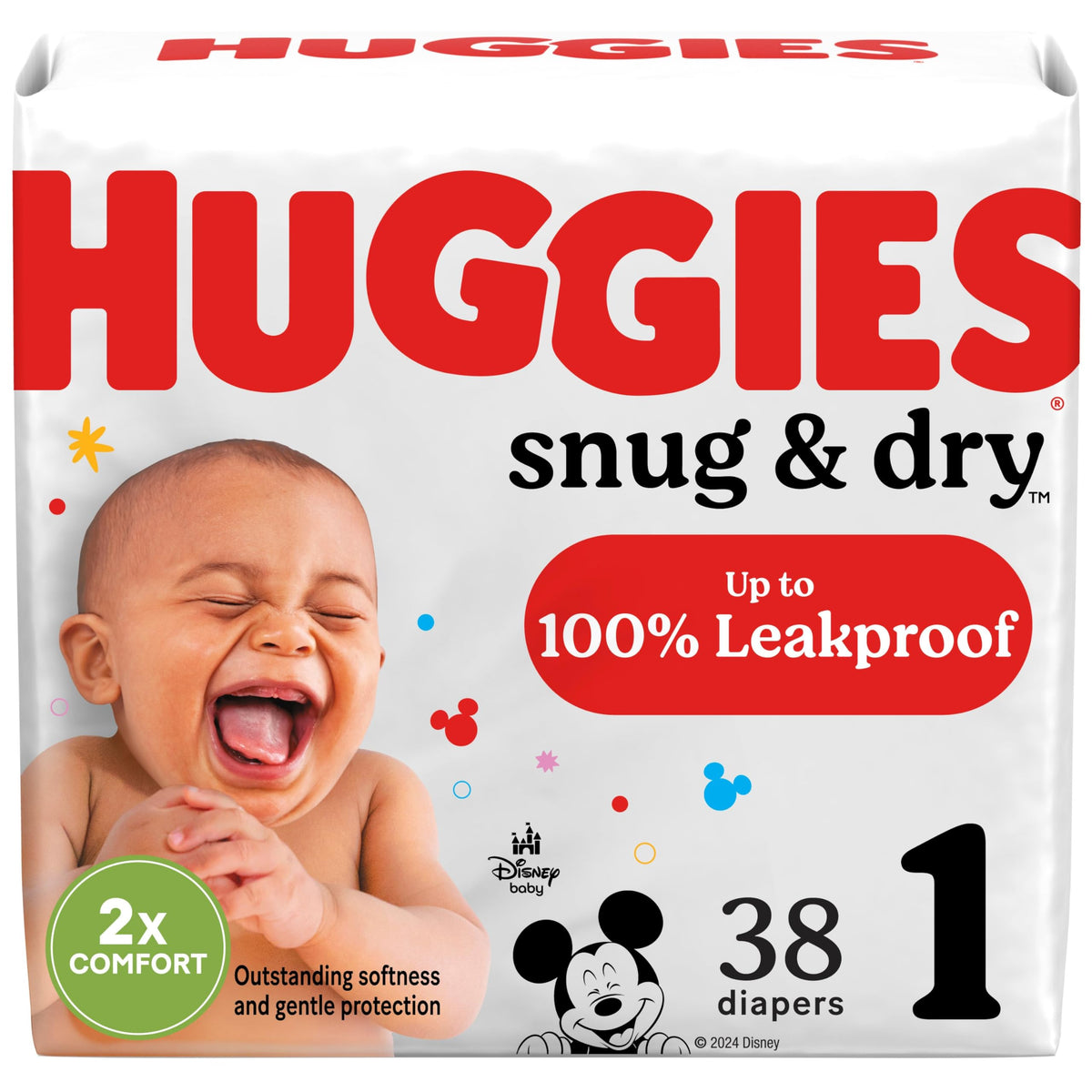 Huggies Snug & Dry newborn packaging shows a 38-count box for easy stocking.