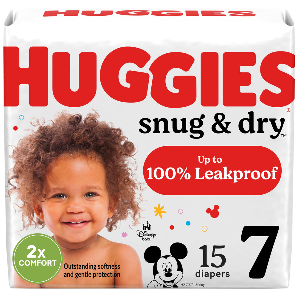 Huggies Snug Dry size 7 diaper package with Disney designs for daily diapering