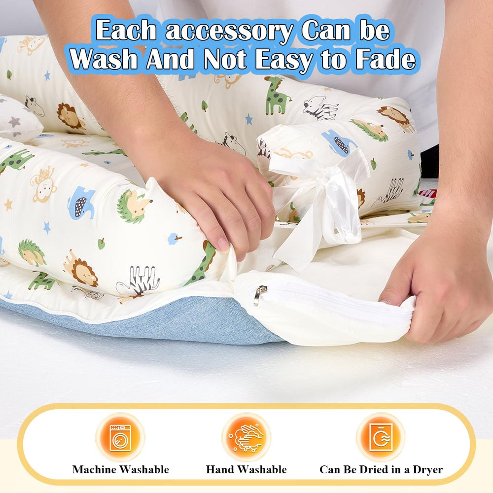 Huggynest Animal Blue lounger shows 3D filling for breathable, supportive naps.