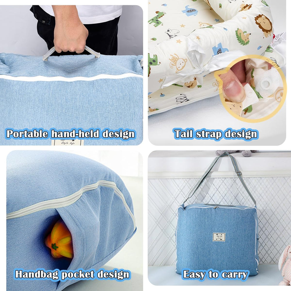Huggynest Animal Blue lounger features a womb-like design for secure baby calm.