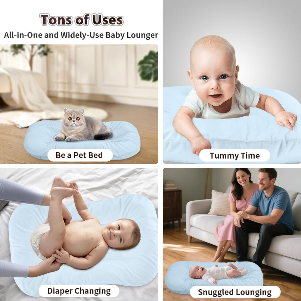 Huggynest blue-travel-ready photo shows portable nest for grandparents' visits and trips