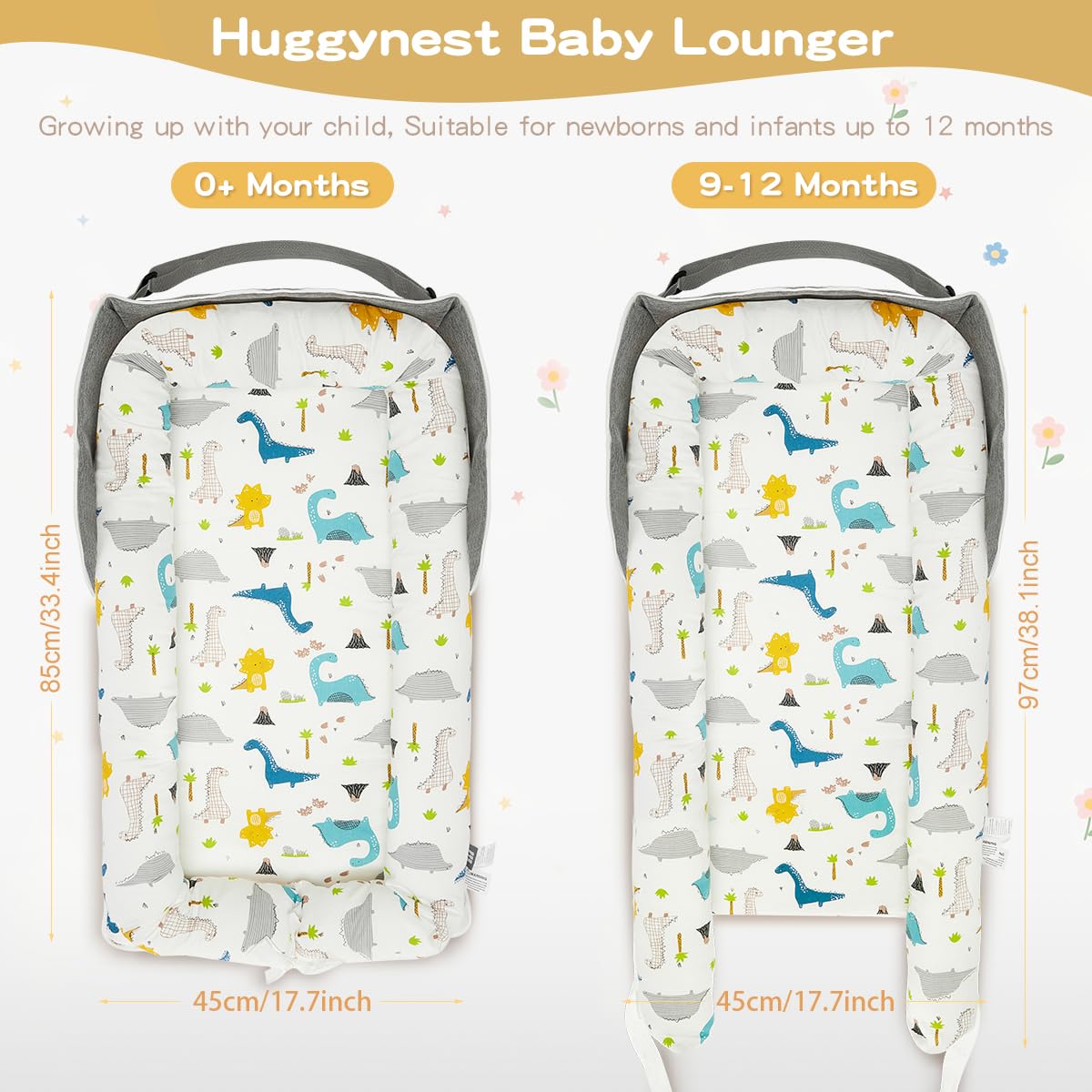 Huggynest baby lounger expandable-bottom grows with baby for longer use.