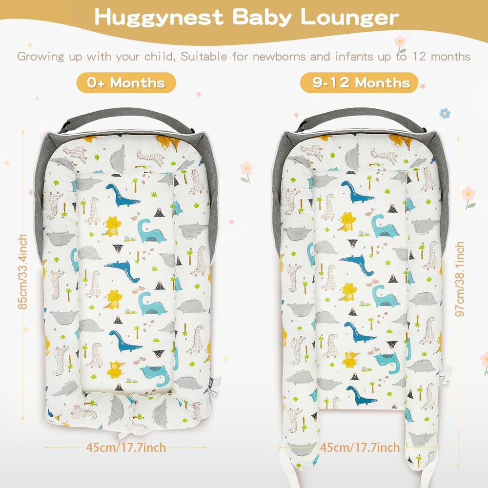 Huggynest baby lounger expandable-bottom grows with baby for longer use.