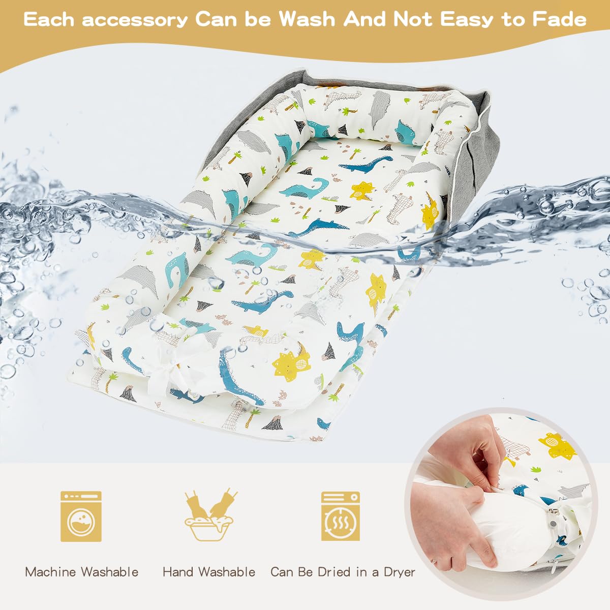 Huggynest baby lounger side-pockets keep diapers and wipes within reach.