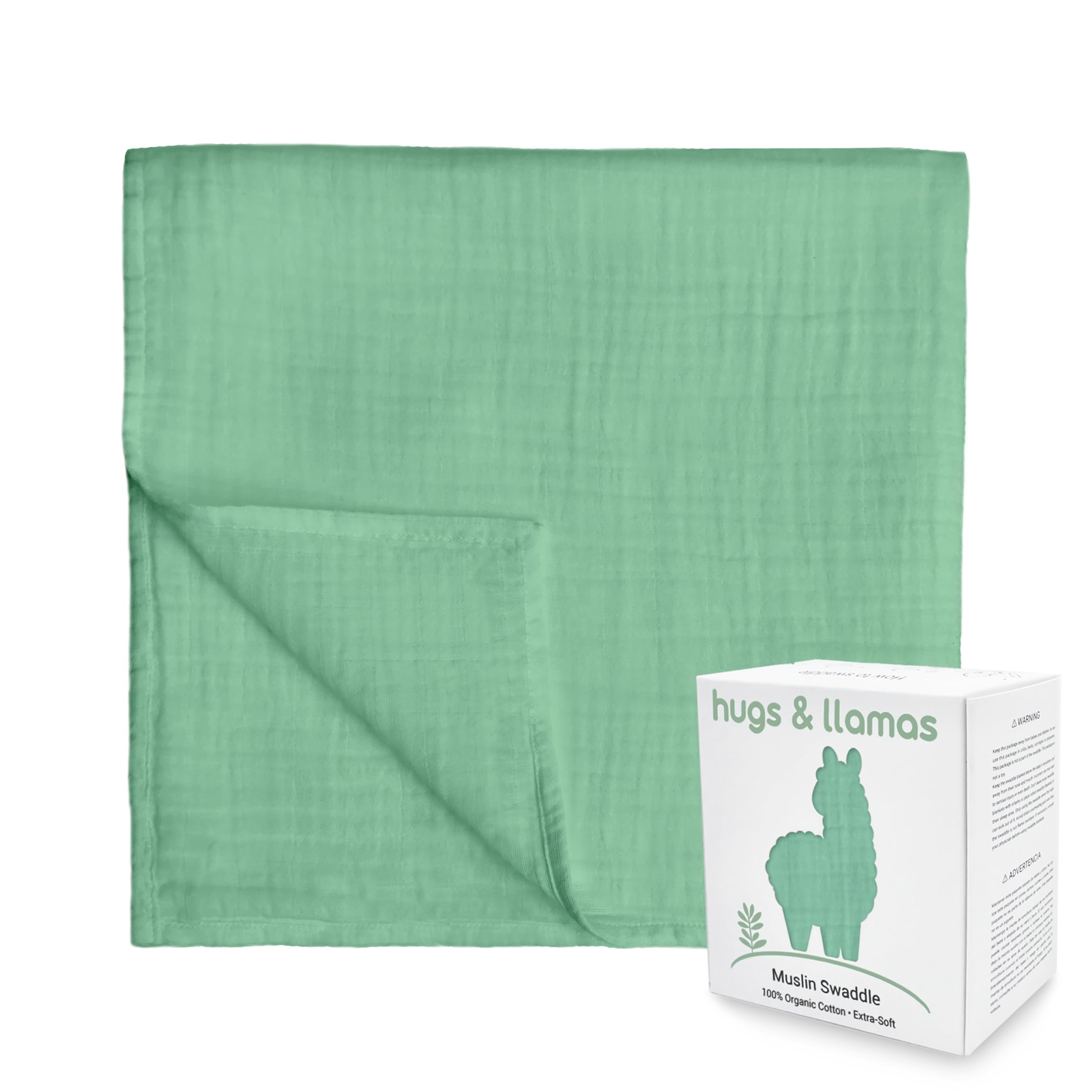 Hugs & Llamas mint swaddle close-up—ultra-soft organic cotton for sensitive skin.