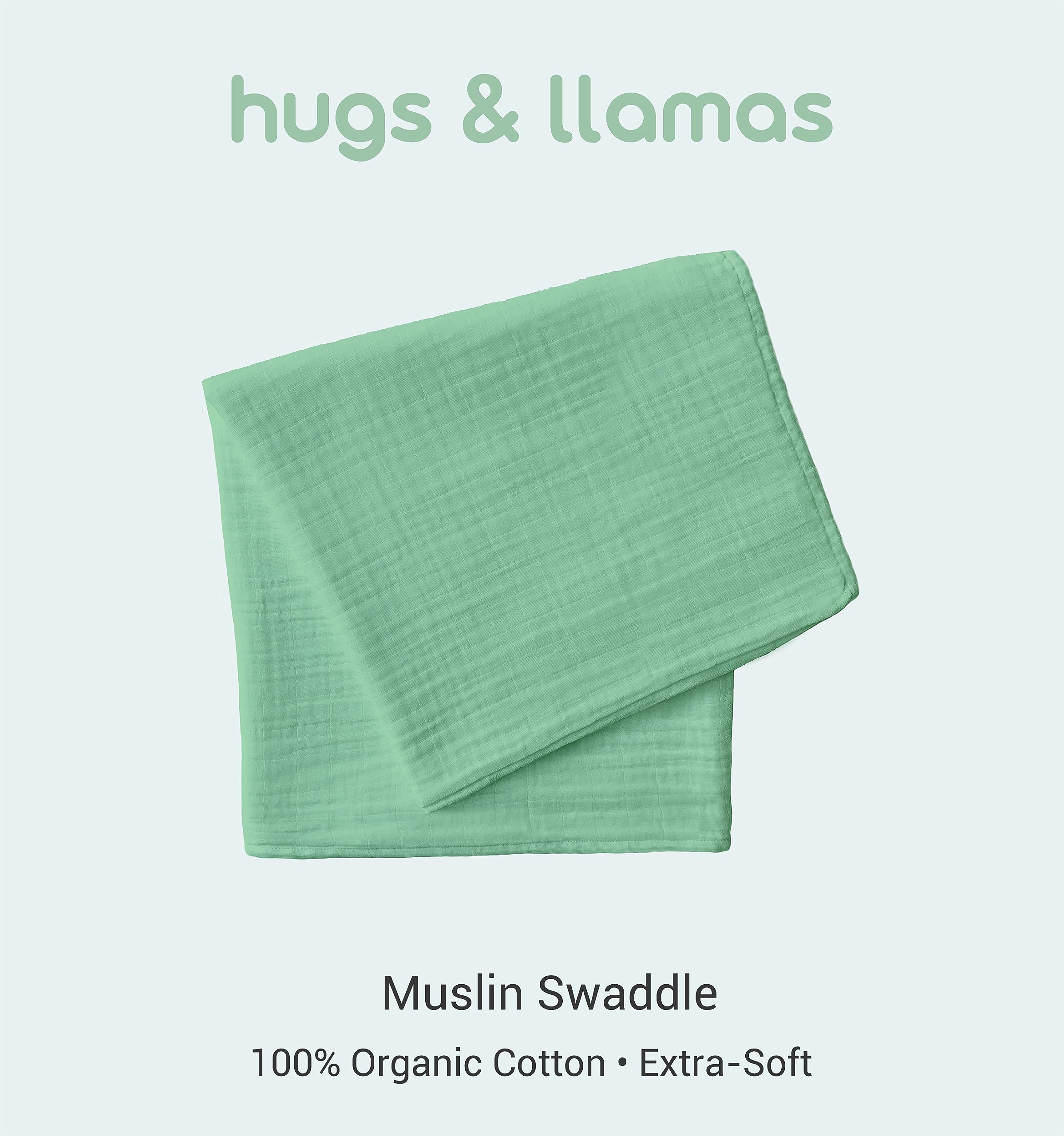 Hugs & Llamas organic cotton muslin close-up shows breathable fabric for warm days.