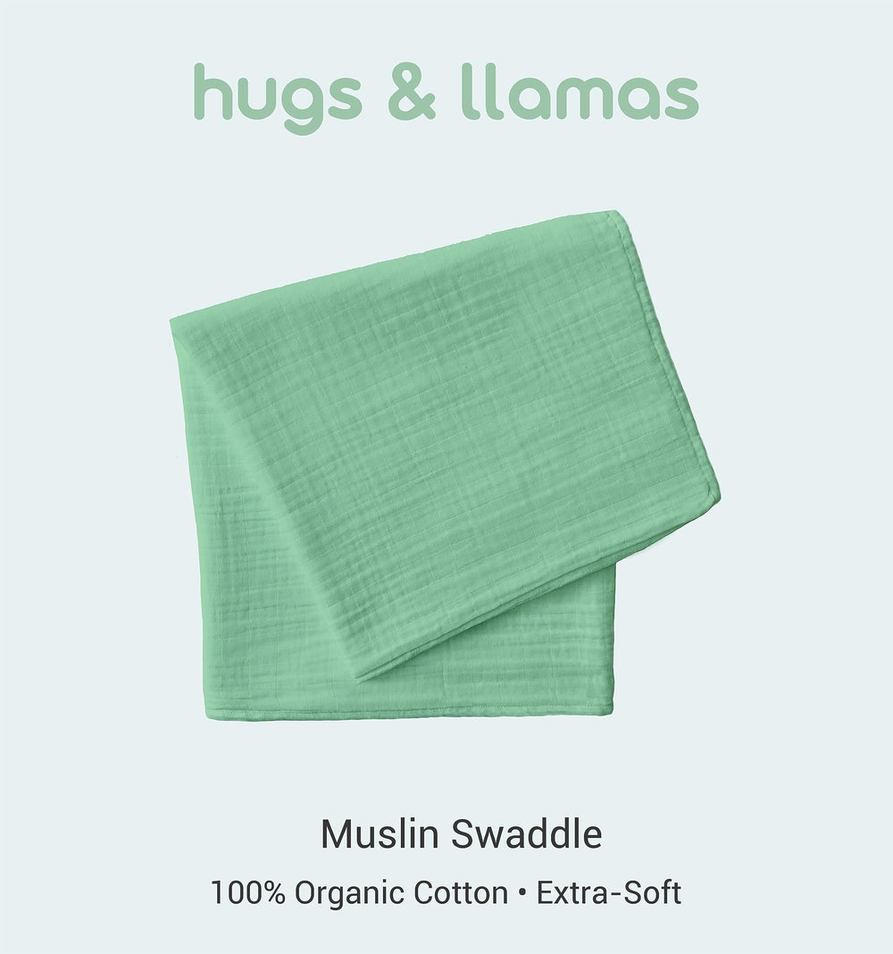 Hugs & Llamas organic cotton muslin close-up shows breathable fabric for warm days.