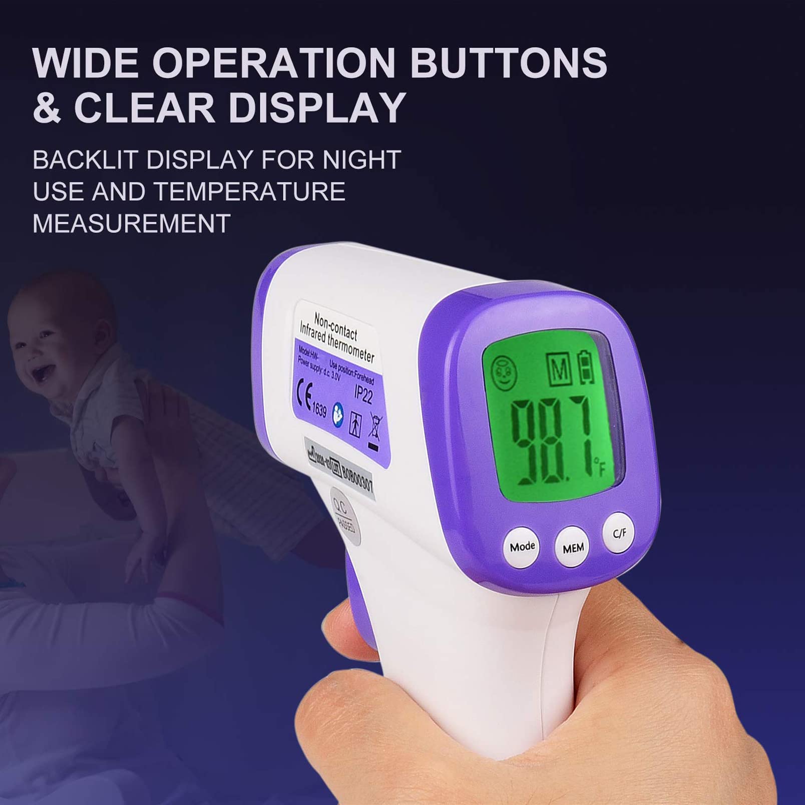 HUHETA purple-color thermometer pictured beside bedside for easy home checks