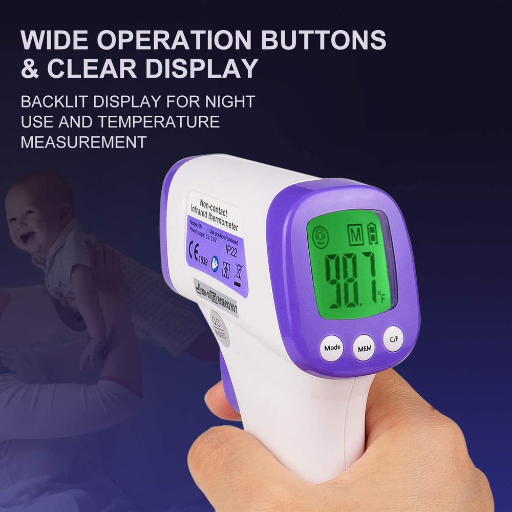 HUHETA purple-color thermometer pictured beside bedside for easy home checks