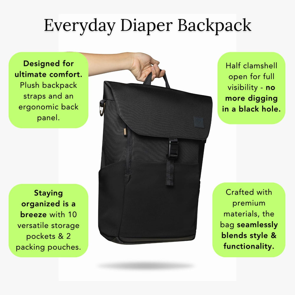 Huhu diaper bag backpack clamshell opening provides full interior visibility and organization