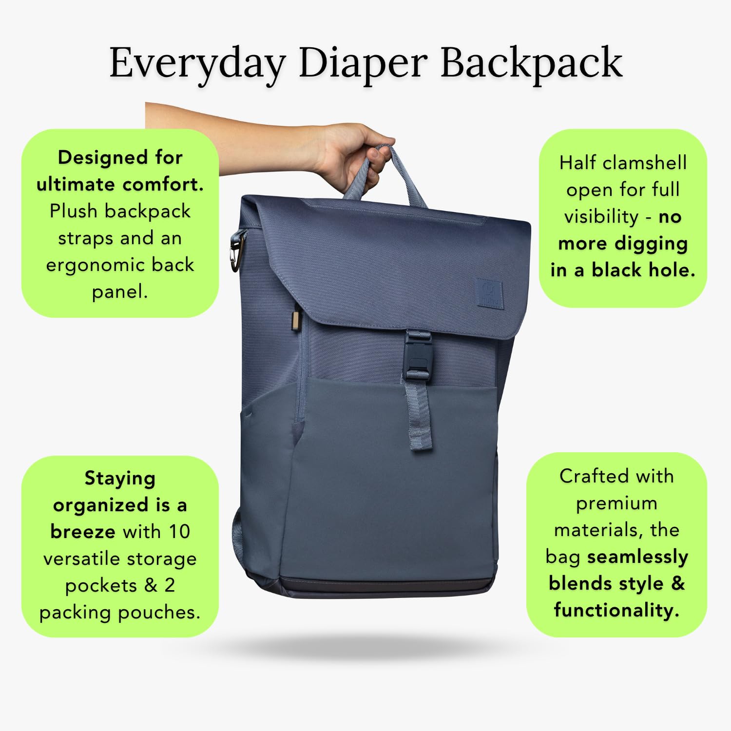 Huhu changing pad included for convenient on-the-go diaper changes.
