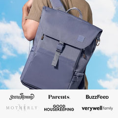 Huhu diaper bag backpack side view highlighting water-resistant fabric and comfortable straps.