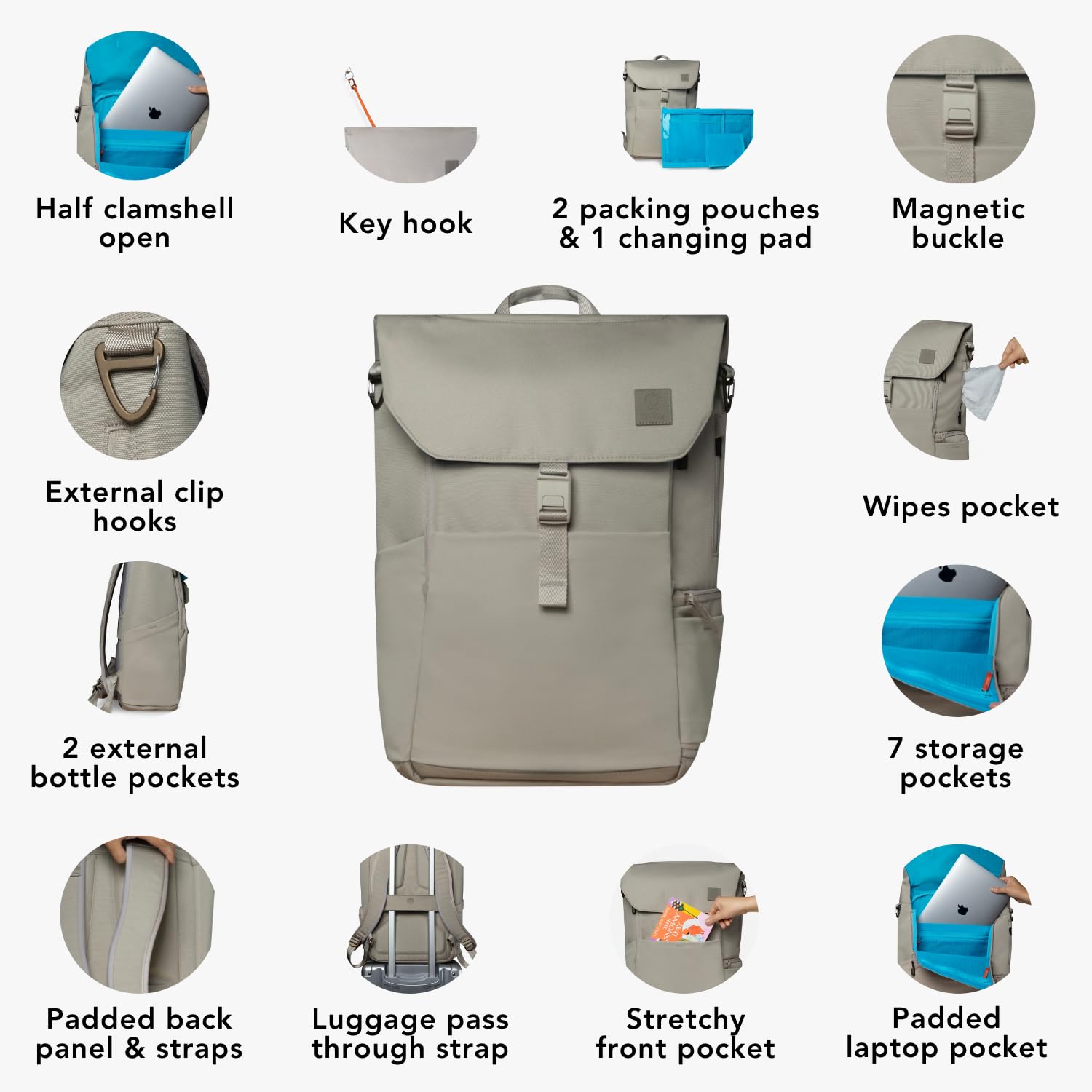Huhu Diaper Bag Backpack magnetic buckle shows quick one-handed access for busy moments.