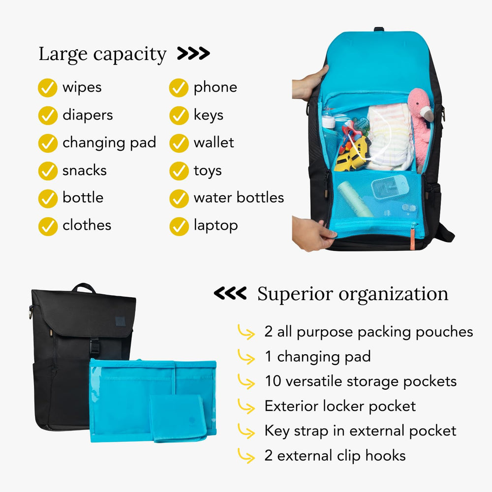 Huhu diaper bag backpack under-seat fit shows travel-friendly size for planes