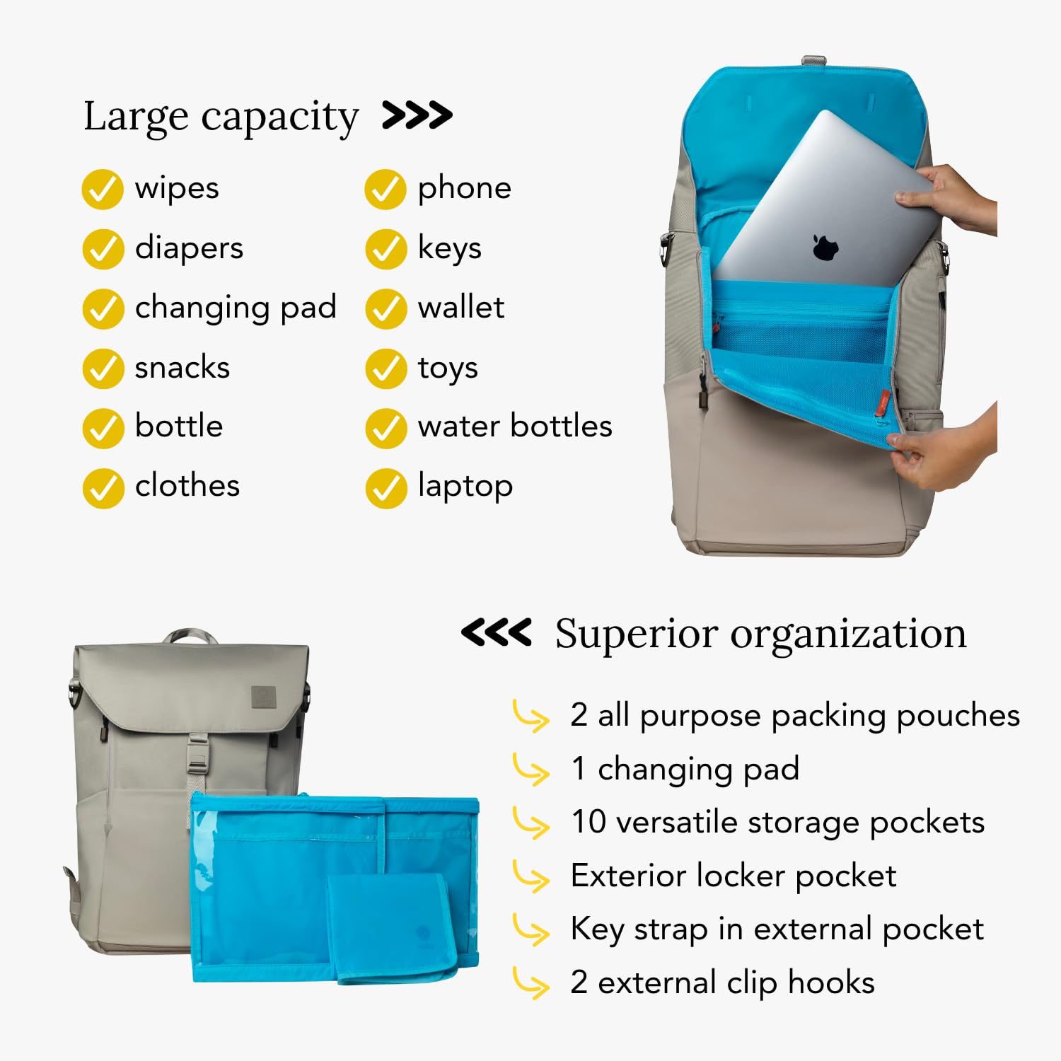 Huhu Diaper Bag Backpack water-resistant fabric highlights everyday protection.