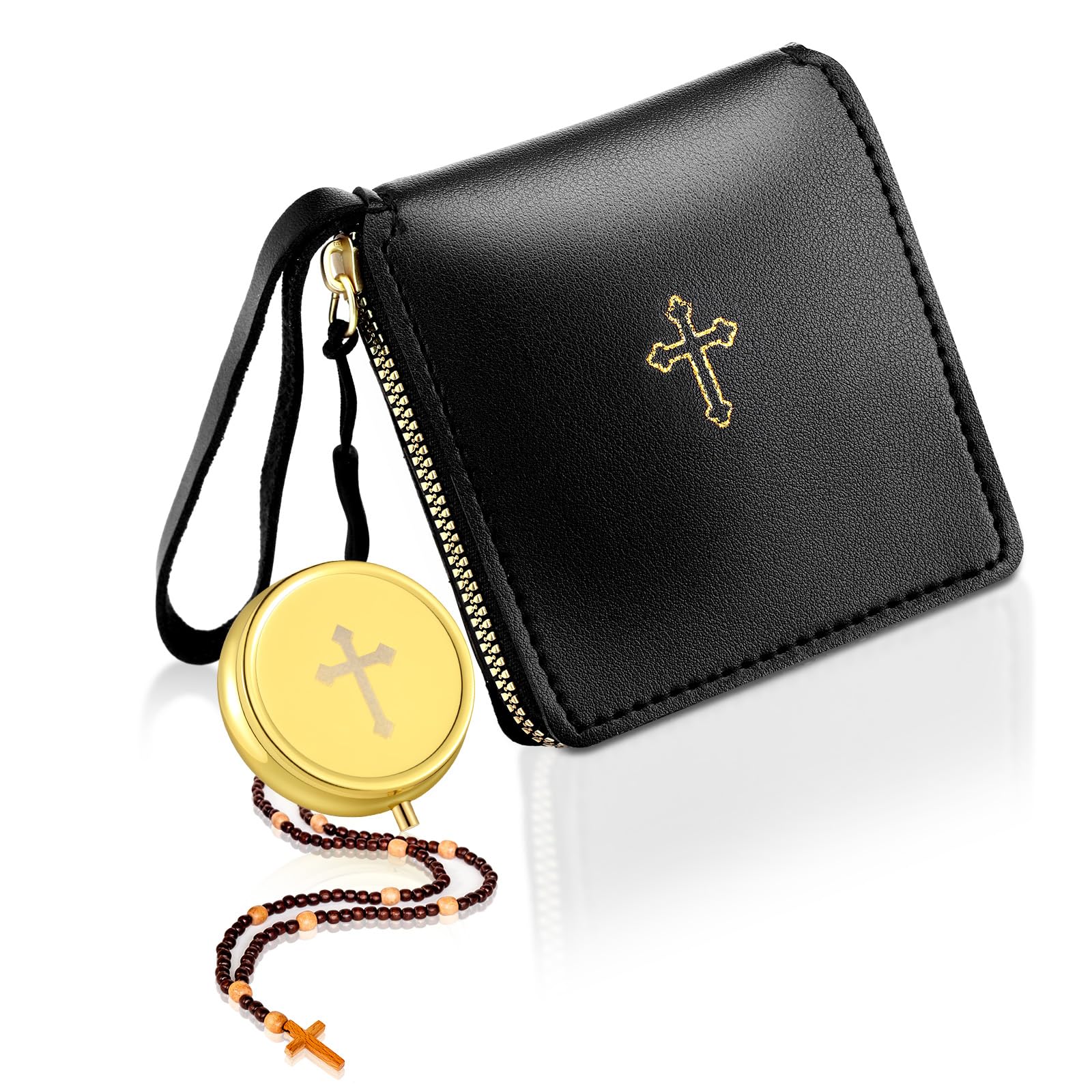 Huhumy cross pyx box in gold tone shines during Holy Communion ceremonies.