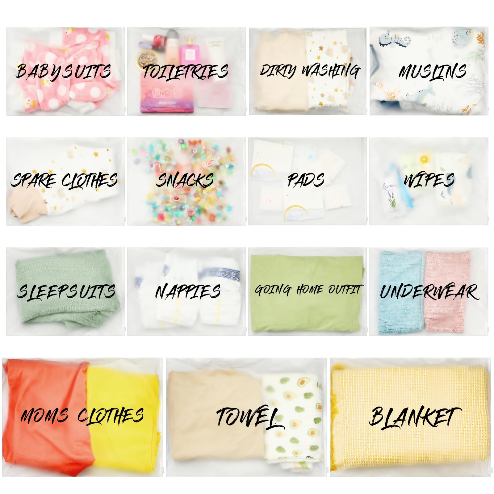 Huhumy 15-pack hospital bags front view keeps maternity essentials neatly organized for labor and delivery.