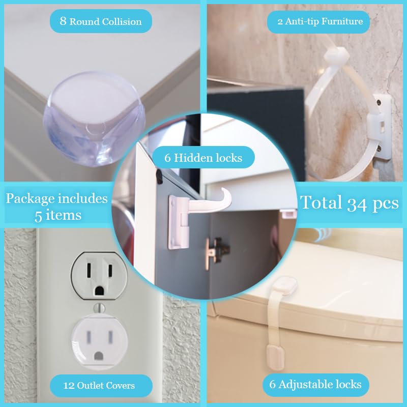 HUIESON 40-pack adjustable safety latches keep cabinets secured while preserving easy reach.