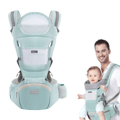 Huifen 9-in-1 baby carrier hip seat front view in green for hands-free carry