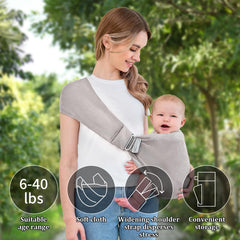 Huifen baby sling features breathable mesh fabric to keep baby cool during summer outings.