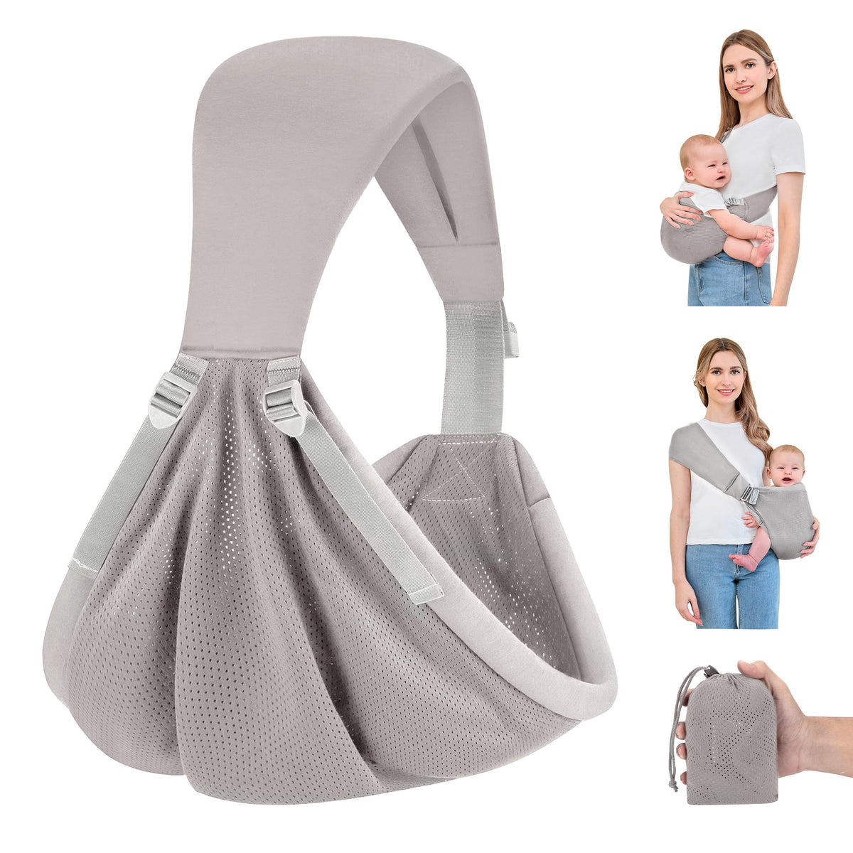 Huifen baby sling carrier demonstrates portable design for quick errands and outdoor adventures.