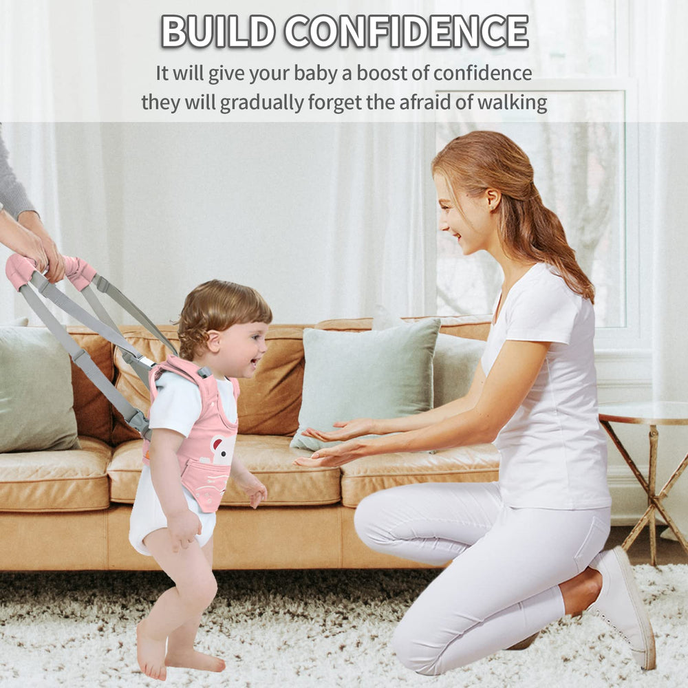 Huifen baby walking harness pink worn-on child demonstrates support during early standing and confidence boost.