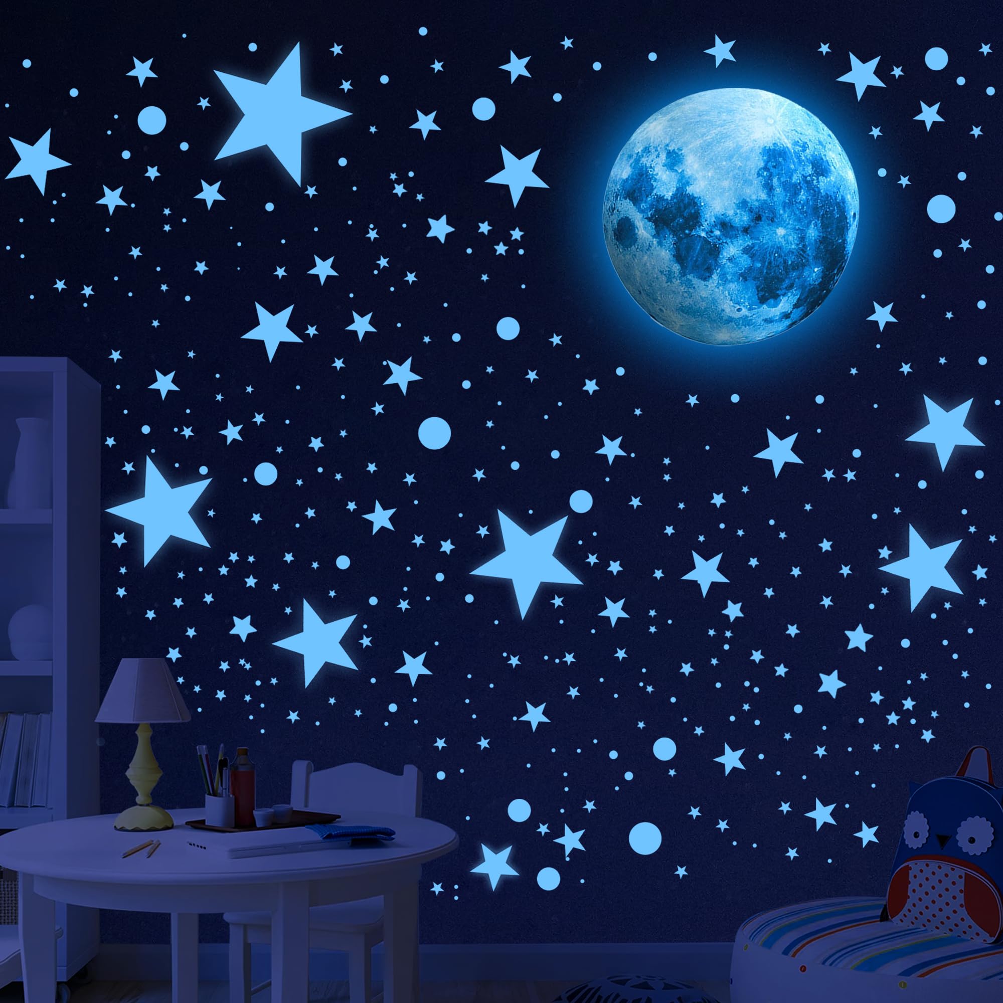 Huimdery 492 glow stars blue moon set provides immersive night-sky decor.