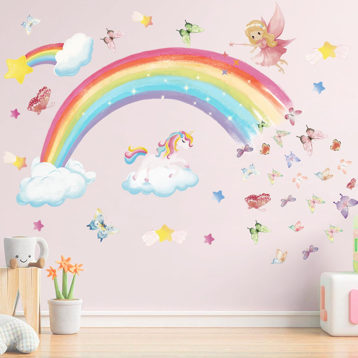Huimdery rainbow unicorn wall decal set adds playful color to a girl's room
