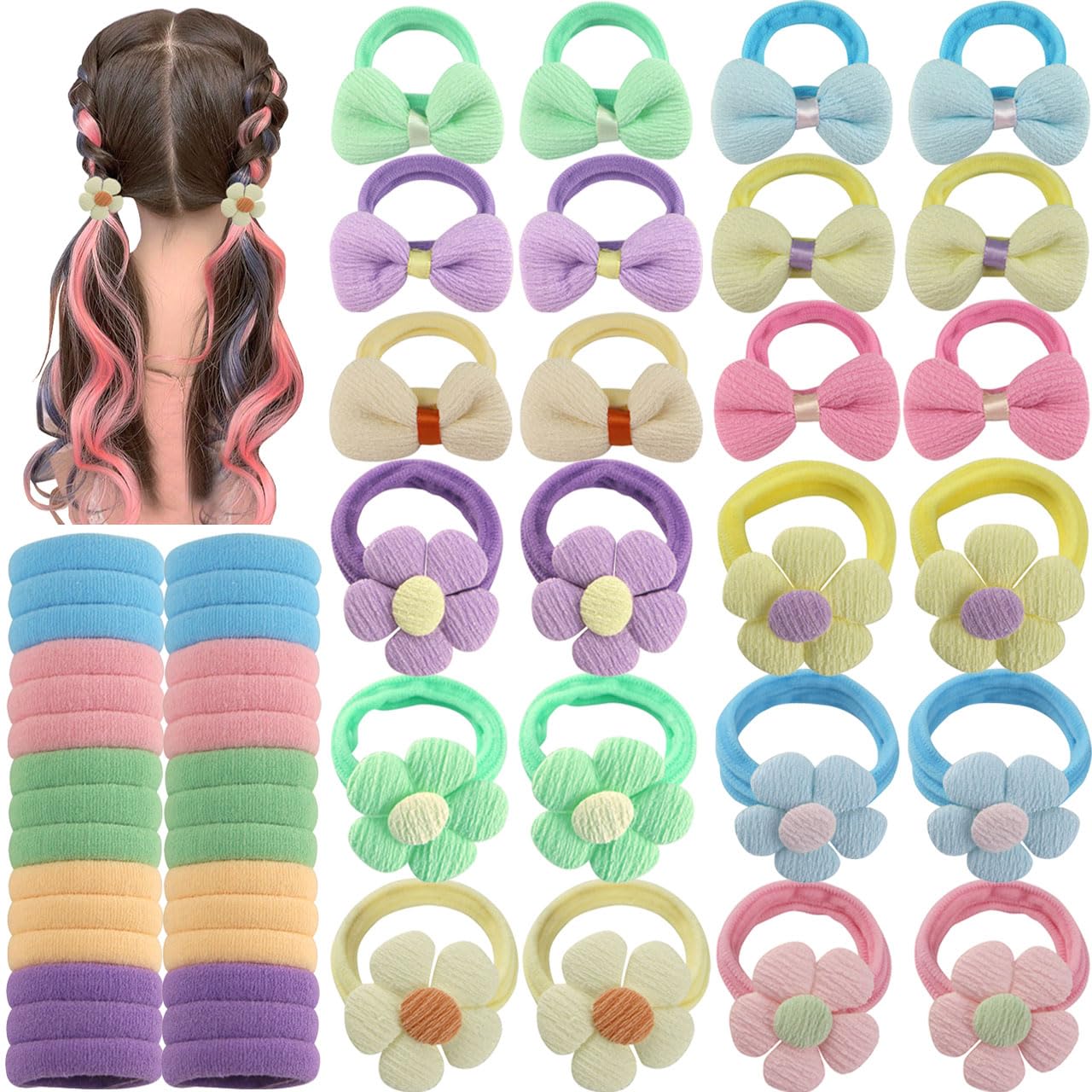 HUJIANWEN 54pcs bows and flowers close-up, secure ponytails for daily wear.