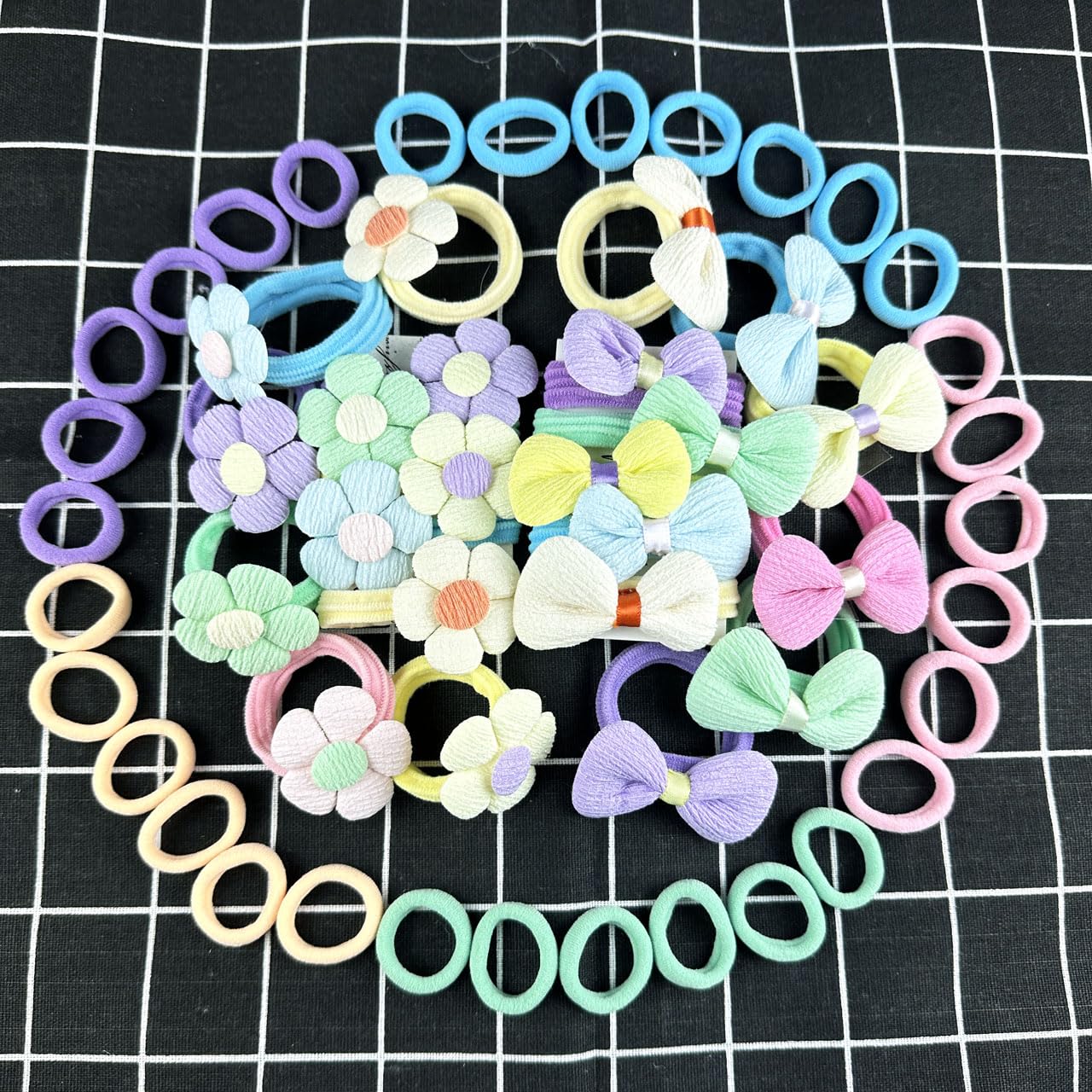 HUJIANWEN candy-colors hair ties close-up, versatile for everyday hairstyles.