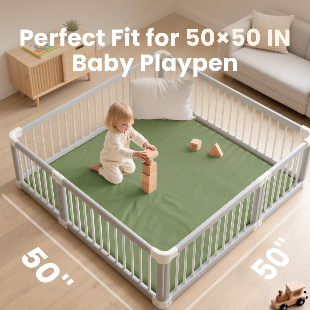 Huloo Sleep Play Mat green close-up highlights 1.3-inch padding for soft landings.