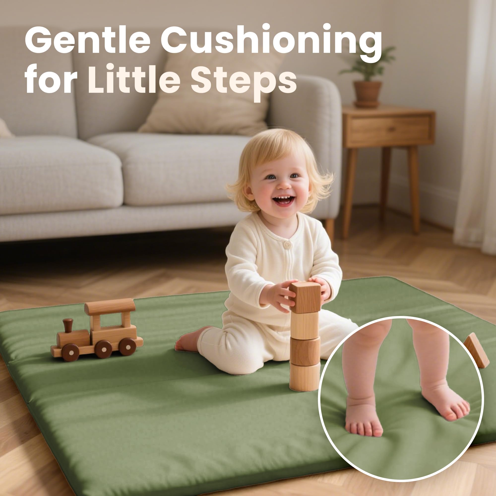Huloo Sleep green mat shown as a versatile, multi-use indoor/outdoor surface.
