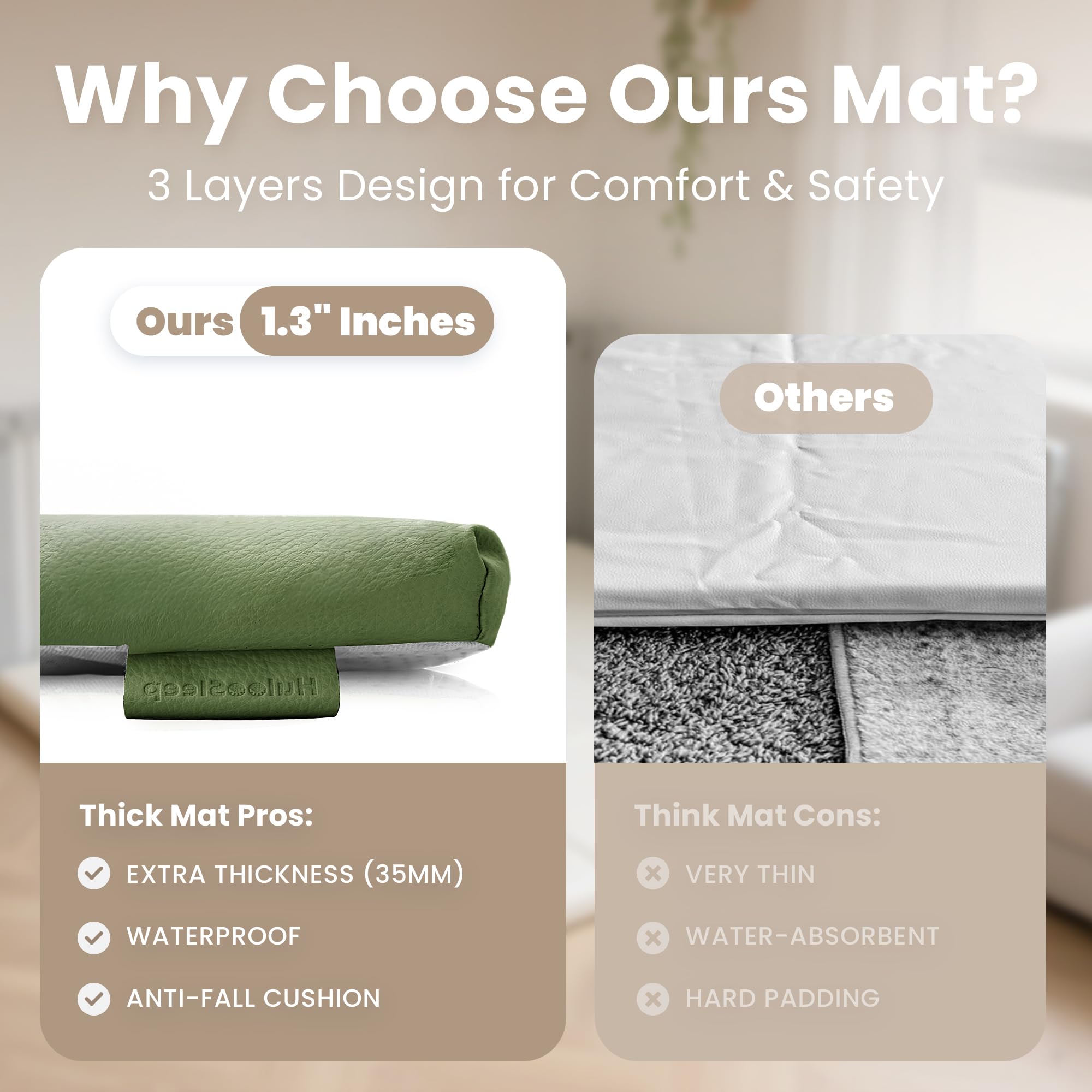 Huloo Sleep mat with non-slip bottom remains secure on various floor types.