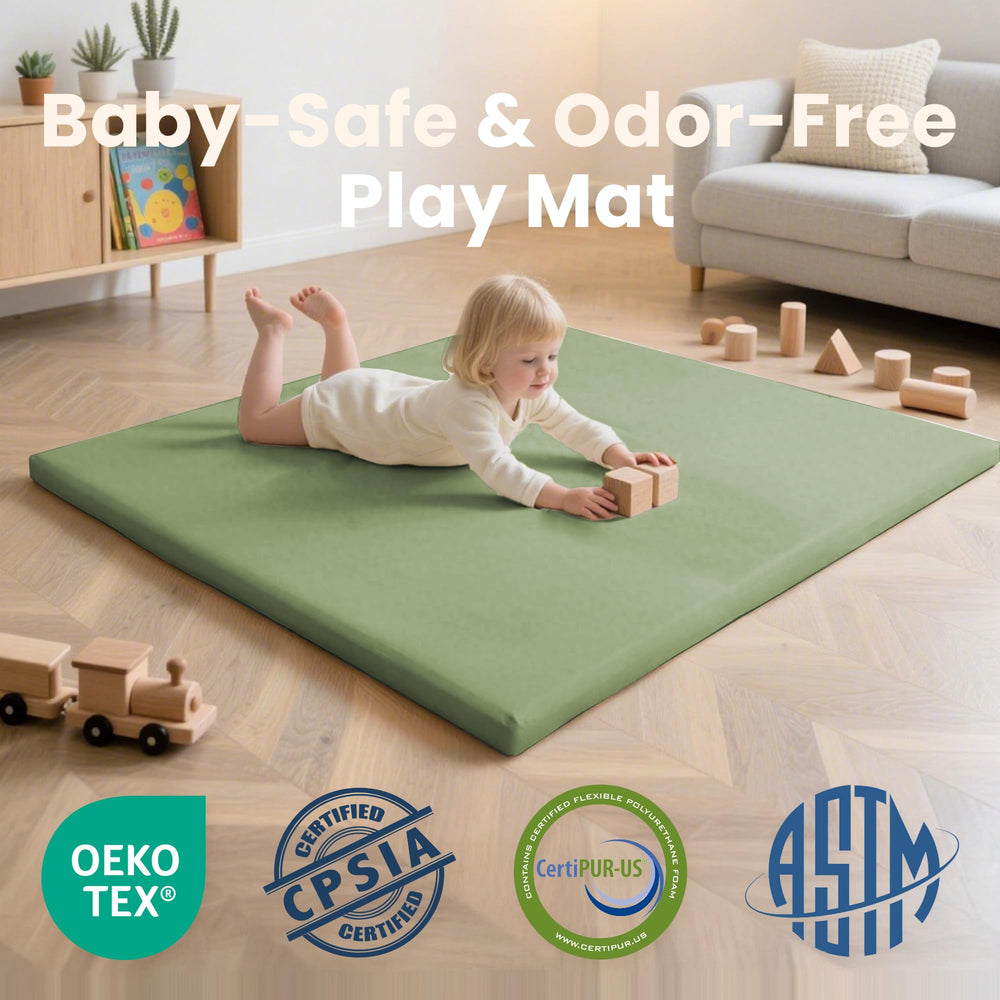 Huloo Sleep green waterproof vegan leather cover on play mat surface for easy cleaning.