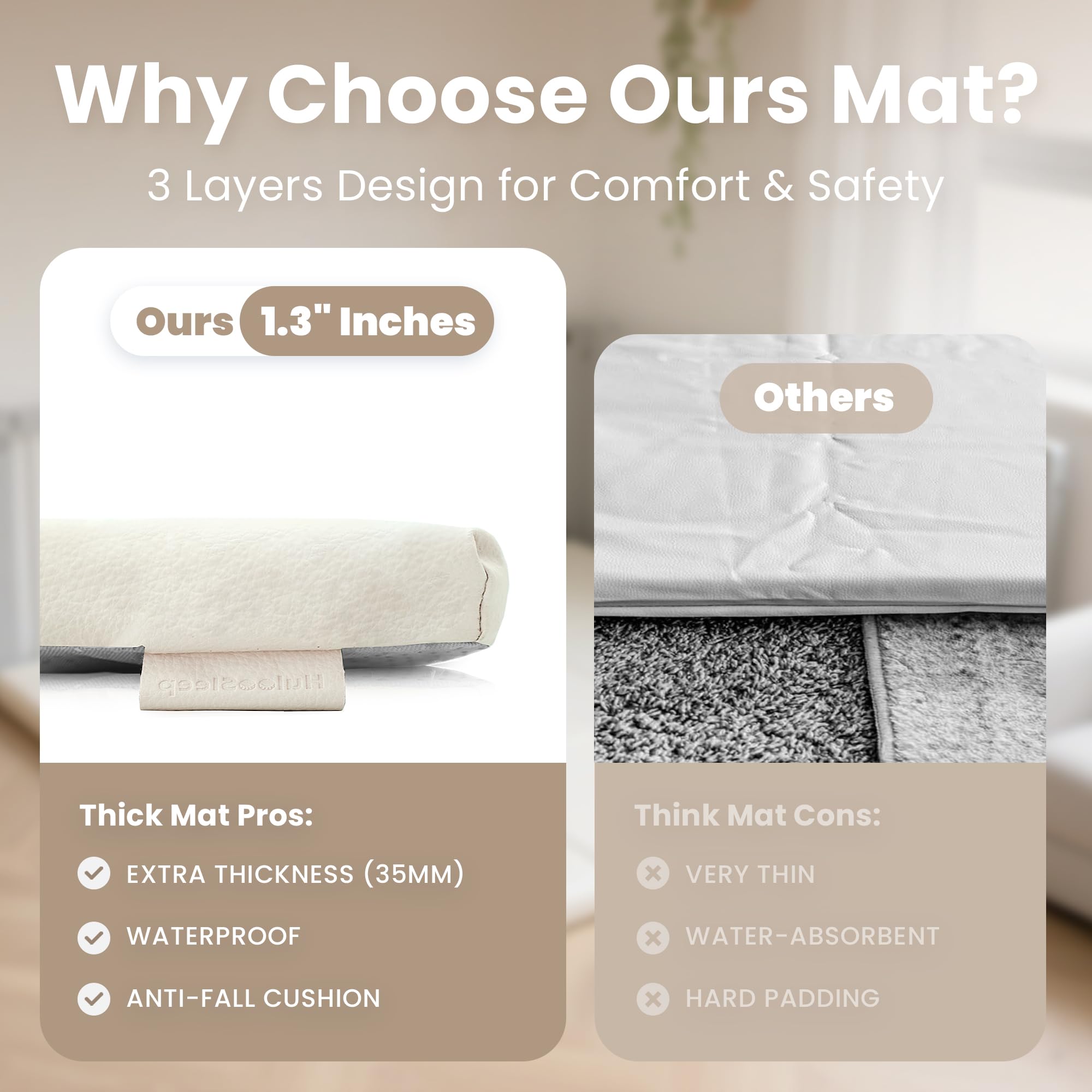 Huloo Sleep cream non-slip bottom keeps the mat secure on various floors.