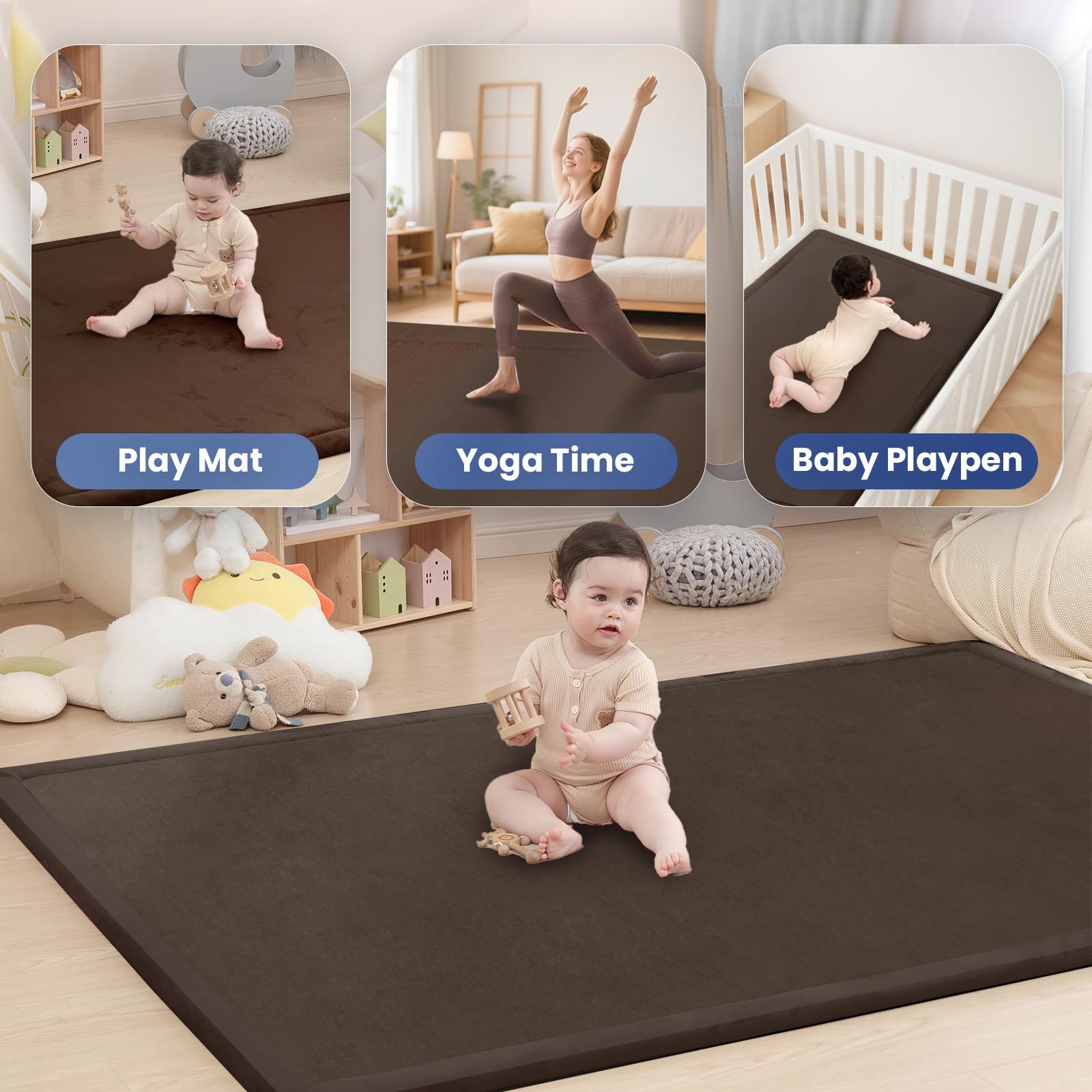 Huloo Sleep Baby Play Mat dark brown tatami-style design in living room
