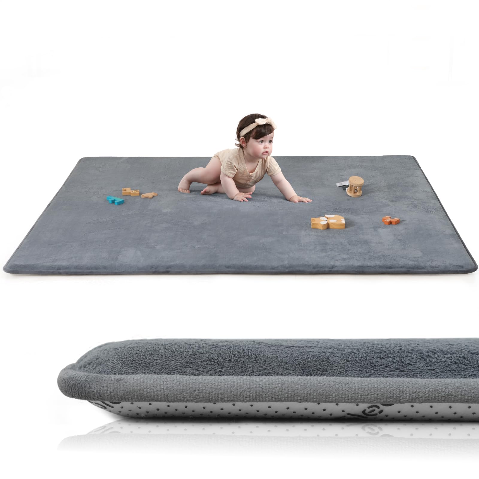 Huloo Sleep baby play mat closeup shows Elasti-Foam cushioning for comfy tummy time