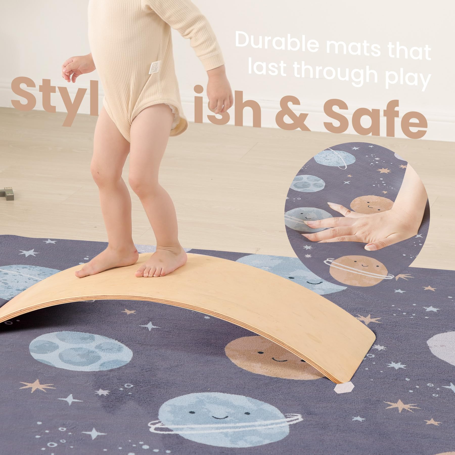 Huloo Sleep play mat with non-slip backing keeps the surface secure on floors.