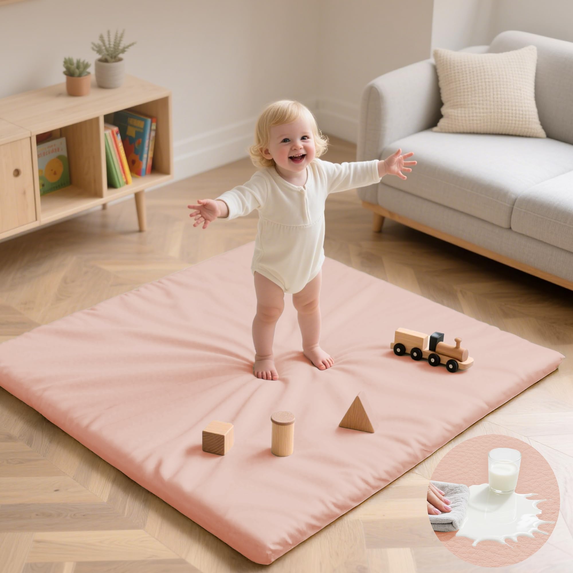 Huloo Sleep pink 50x50 angle shows roomy, safe play space for infants.