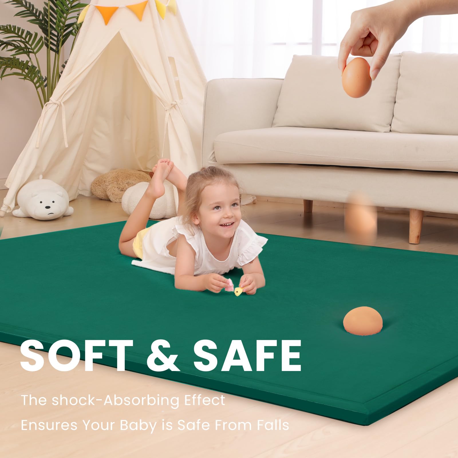 Huloo Sleep baby play mat tatami style in dark green creates a calm play area.