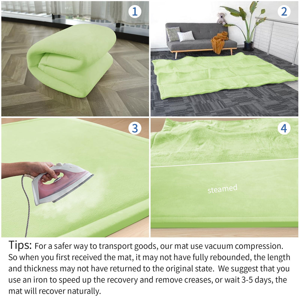Huloo Sleep tatami-style light-green mat in nursery setting.